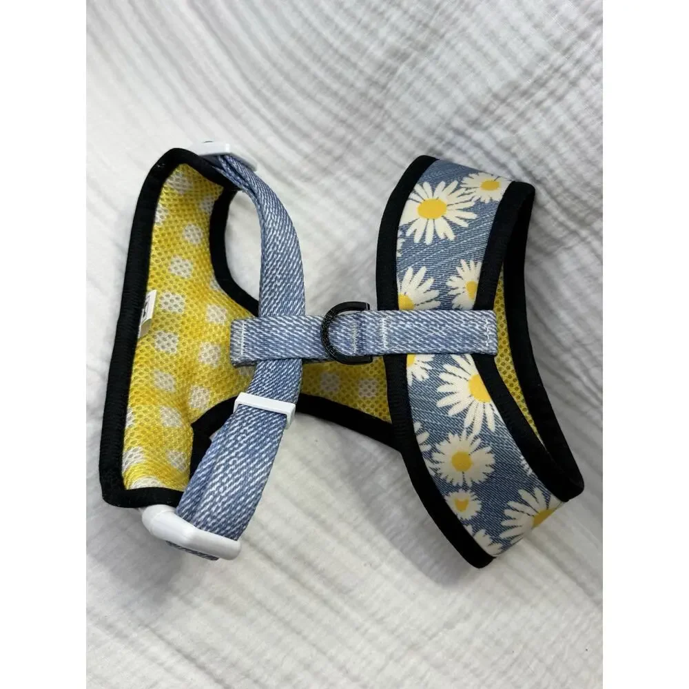 Frenchie Blue Daisy Flower Reversible Yellow Check Harness Dog Vest Size Medium